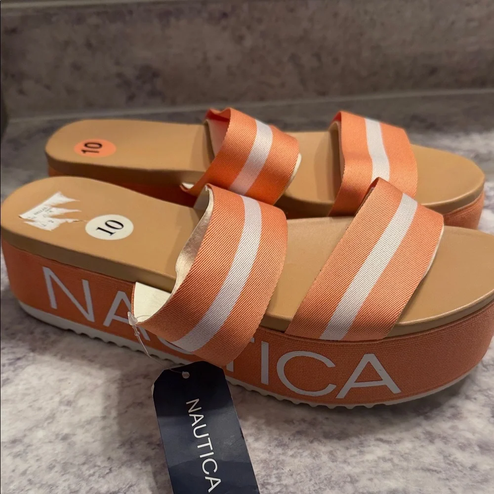Nautica Orange and Cream Striped Platform Slide Sandals. Size 10. Bellana.